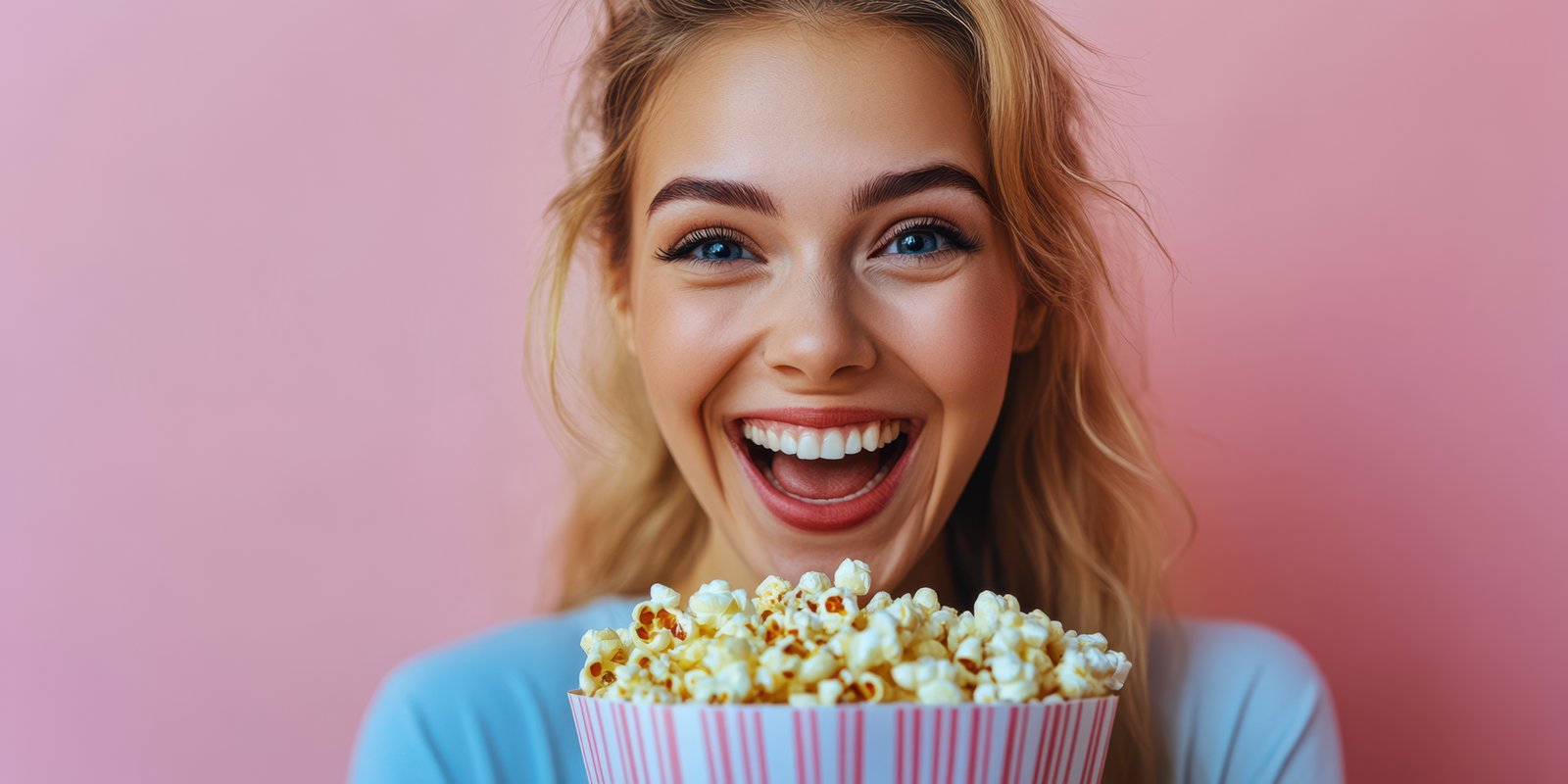 Young woman smiles widely while holding a large bowl of popcorn against a pink background in a cheerful setting